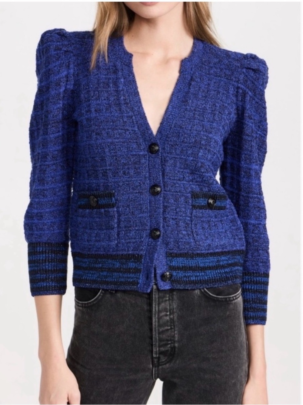 L'AGENCE Jenni Puff Sleeve Tweed Cardigan Women's Size Small Blue Black Metallic